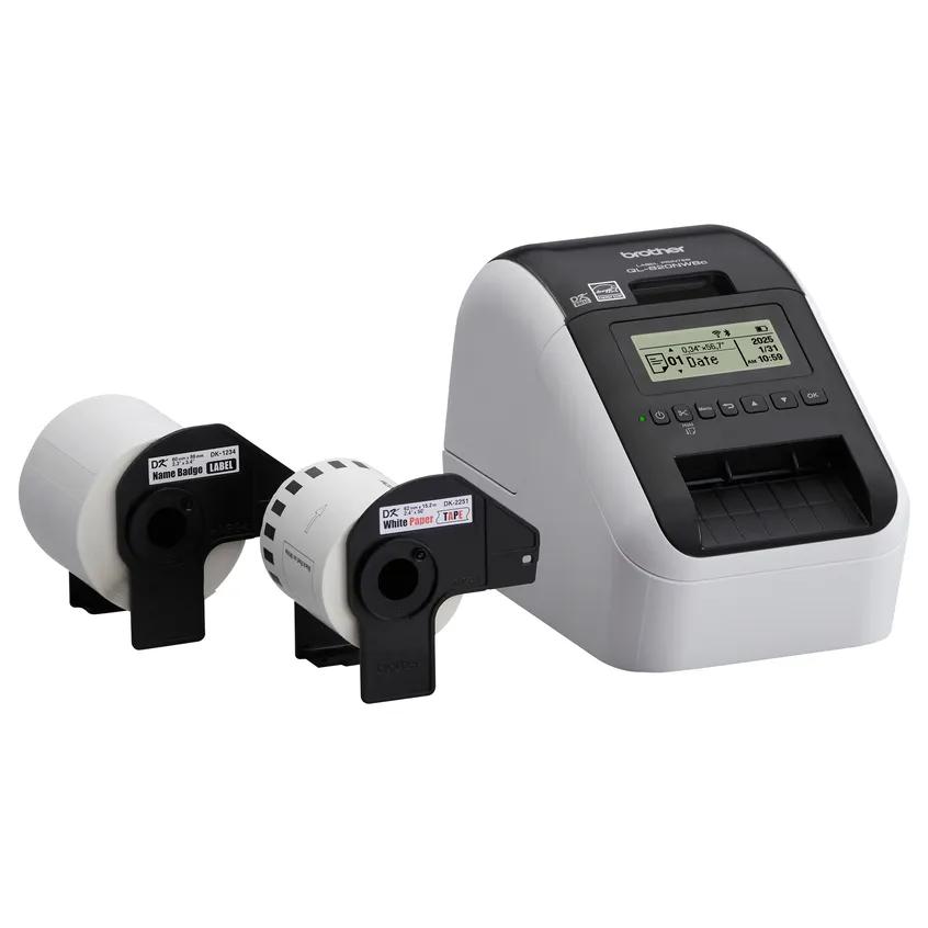 Brother QL-820NWB label printer bundle with three label rolls and LCD display