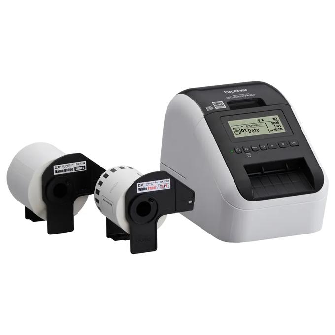 Brother QL-820NWB label printer bundle with three label rolls and LCD display