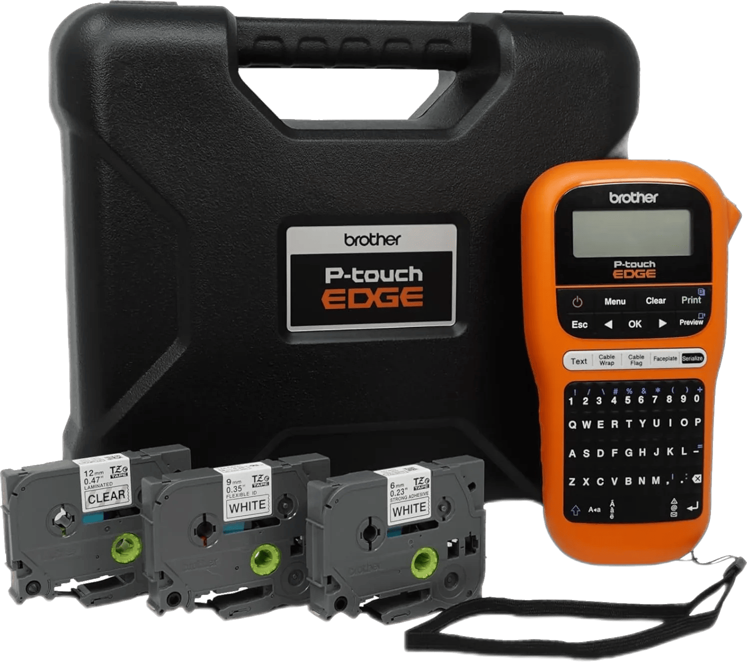 Brother P-touch EDGE label maker with carrying case and laminated tape cartridges