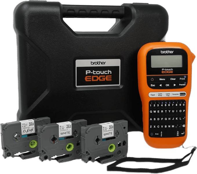 Brother P-touch EDGE label maker with carrying case and laminated tape cartridges