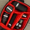 Bolsa para cámara con compartimentos acolchados rojos con lentes y accesorios