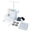 Brother 2340CV serger with accessories including foot pedal, thread spools, and instruction manual
