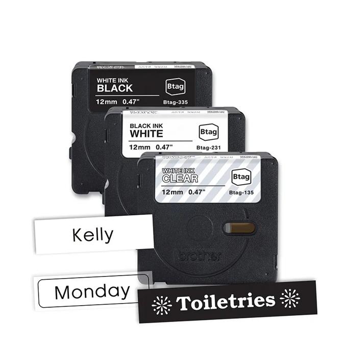 Brother Btag label tape cartridges in 12mm with sample printed labels