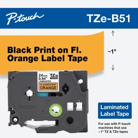 Cartucho de cinta para etiquetas laminadas Brother TZe-B51 con texto negro sobre naranja fluorescente, 1 pulgada