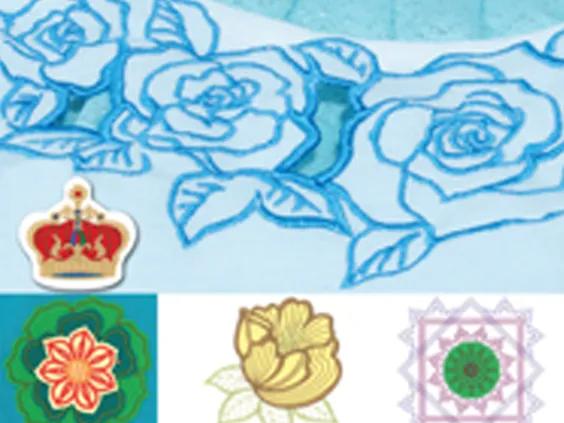 Brother embroidery design samples featuring floral patterns including roses, tulips, and decorative motifs