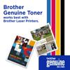 Brother genuine color toner cartridges with vibrant printed documents and CMYK color bars