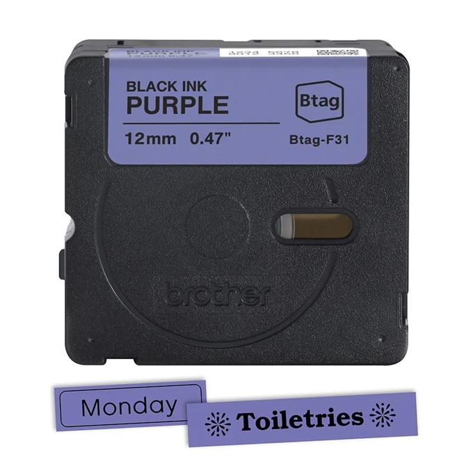 Brother Btag labeling tape cassette in purple with black ink, 12mm width