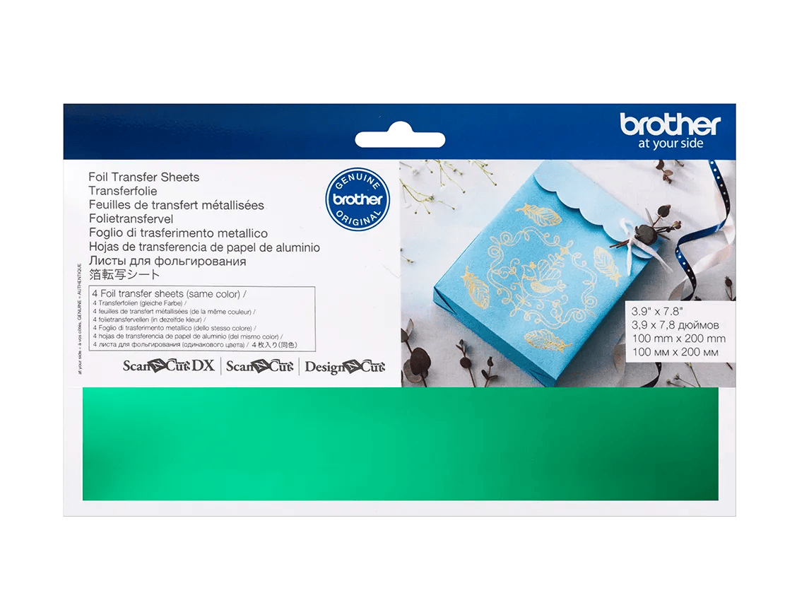 Brother foil transfer sheets packaging with gold-decorated blue card and ribbon