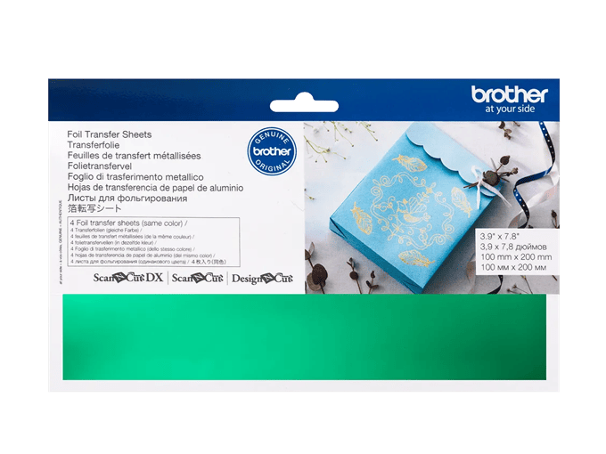 Brother foil transfer sheets packaging with gold-decorated blue card and ribbon
