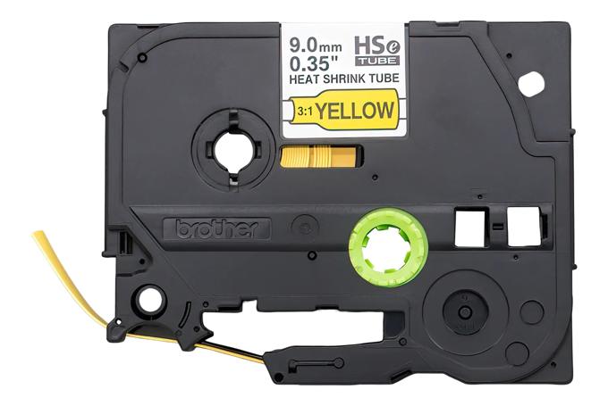 Brother HSe-621 9mm yellow heat-shrink tube cartridge with black text on dark gray cassette