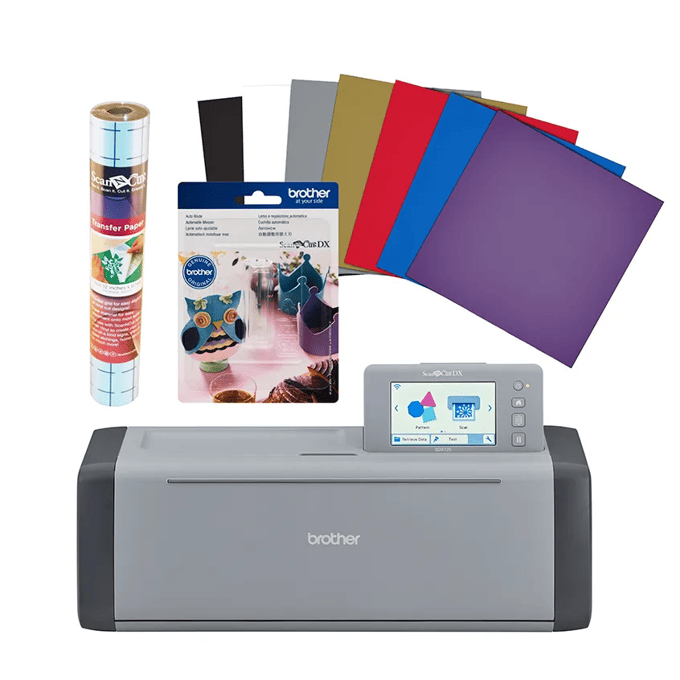 Brother ScanNCut SDX125EGY electronic cutting machine with touchscreen, transfer paper, and craft materials