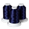 Three spools of navy blue embroidery thread on white bases
