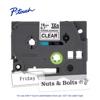 Brother P-touch TZe tape cassette, 18mm clear with strong adhesive, shown with sample labels