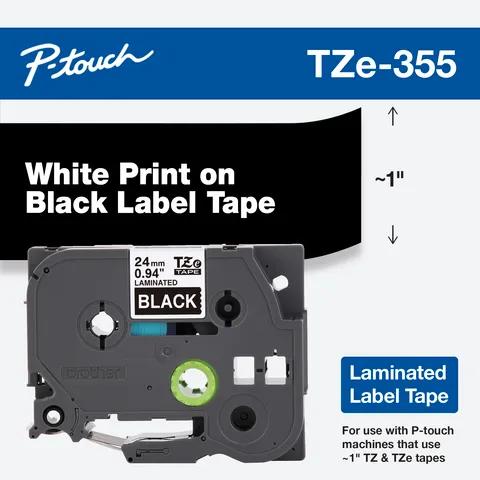 Cartucho de cinta de etiquetas laminadas Brother TZe-355 con impresión blanca sobre negro, ancho de 1 pulgada
