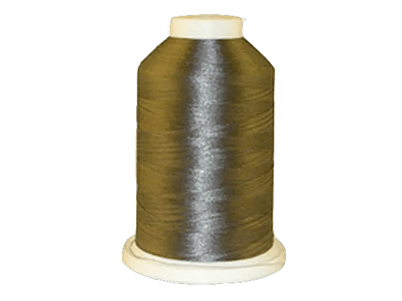 Brother embroidery thread spool in olive-green with metallic sheen on white base