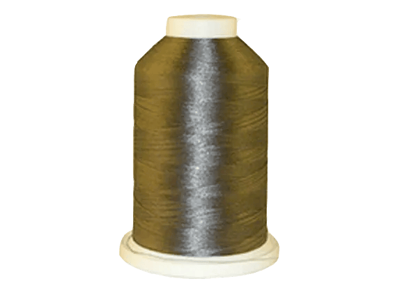 Brother embroidery thread spool in olive-green with metallic sheen on white base