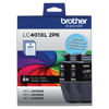 Brother LC401XL 2-pack high-yield black ink cartridges for wireless inkjet printers
