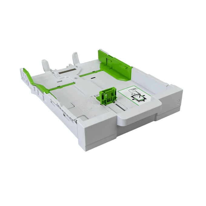 Brother printer paper tray with adjustable green guides for multiple paper sizes