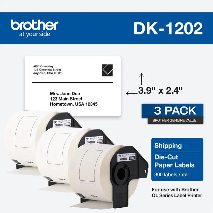 Brother DK-1202 shipping labels 3-pack, die-cut paper, 300 labels per roll for QL printers