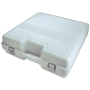 White hard-shell carrying case with metal latches and handle