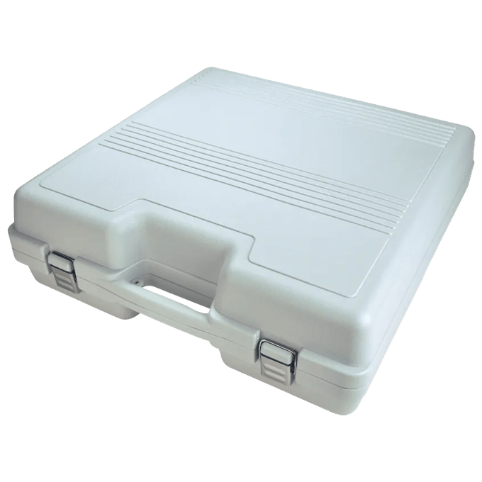 White hard-shell carrying case with metal latches and handle