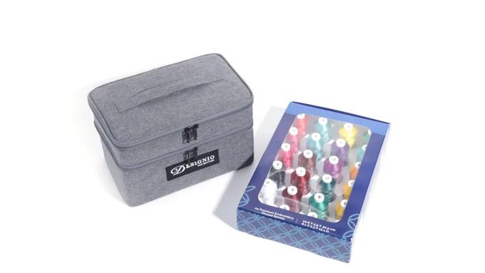 Gray embroidery thread storage case with 24 colorful spools in organized box