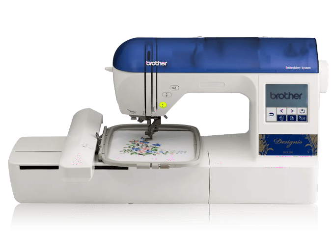 Brother Designio DZ820E embroidery machine with touchscreen and floral design in hoop