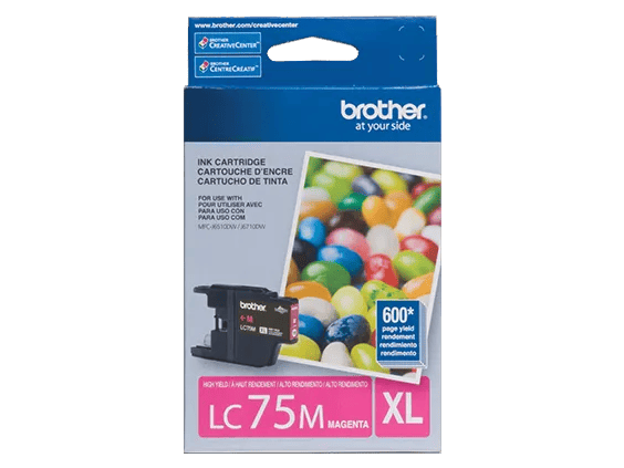 Brother LC75M magenta ink cartridge box with 600-page yield for high-volume printing