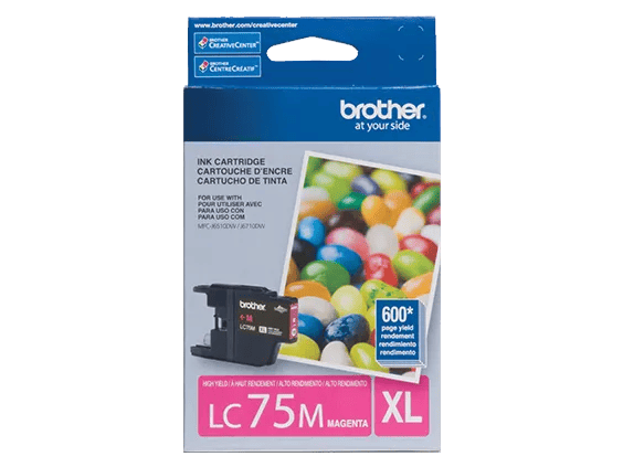 Brother LC75M magenta ink cartridge box with 600-page yield for high-volume printing