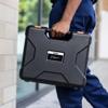 Worker carrying Brother P-touch label maker in rugged protective carrying case outdoors