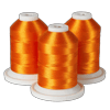 Three spools of Brother orange embroidery thread on white bases
