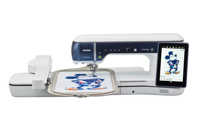 Brother Aveneer embroidery machine with Disney Mickey Mouse design on hoop and touchscreen display