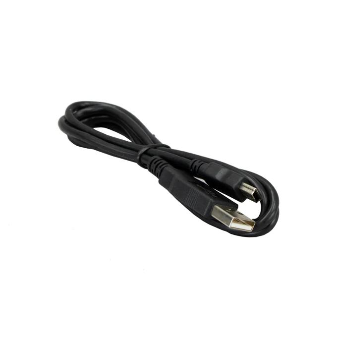 Black USB cable with standard connectors coiled on white background