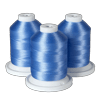 Three blue embroidery thread spools on white bases for Brother sewing machines