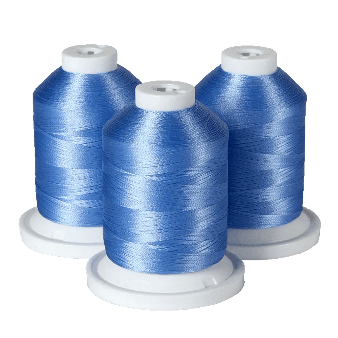 Three blue embroidery thread spools on white bases for Brother sewing machines