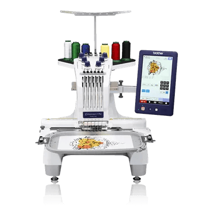 Brother PR670E embroidery machine with touchscreen and multi-color thread spools