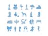 Blue decorative silhouettes featuring elegant figures, ornate patterns, and vintage design elements