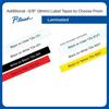 Brother 9mm laminated label tapes in clear, white, black, red, and yellow with black text