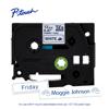 Brother P-touch TZe fabric tape cassette in white with sample labels showing personalized text
