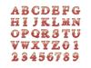 Red decorative alphabet and number embroidery pattern set with vintage circus-style lettering