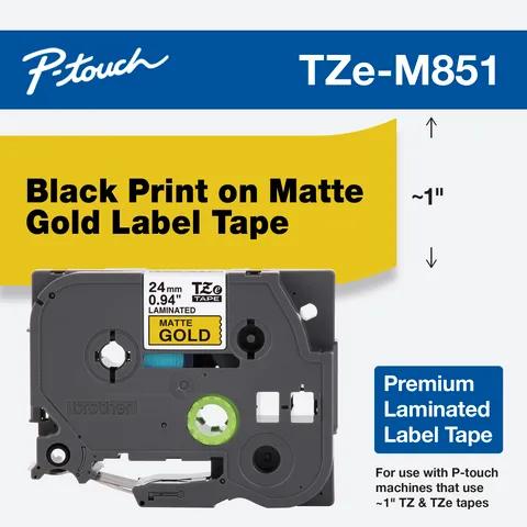 Brother TZe-M851 label tape cartridge with black text on matte gold, 24mm width