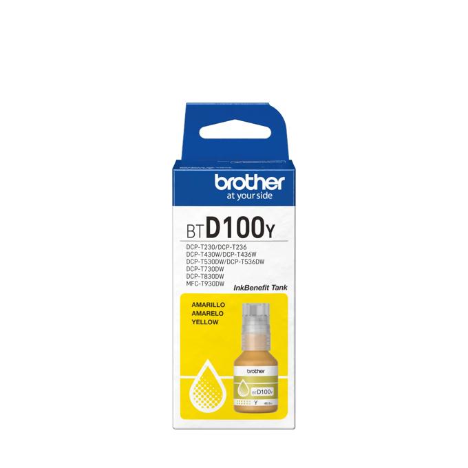 Botella de tinta amarilla Brother BTD100Y en empaque para impresoras DCP y MFC