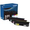 Brother TN331 3-pack color toner cartridges in cyan, magenta, and yellow with packaging