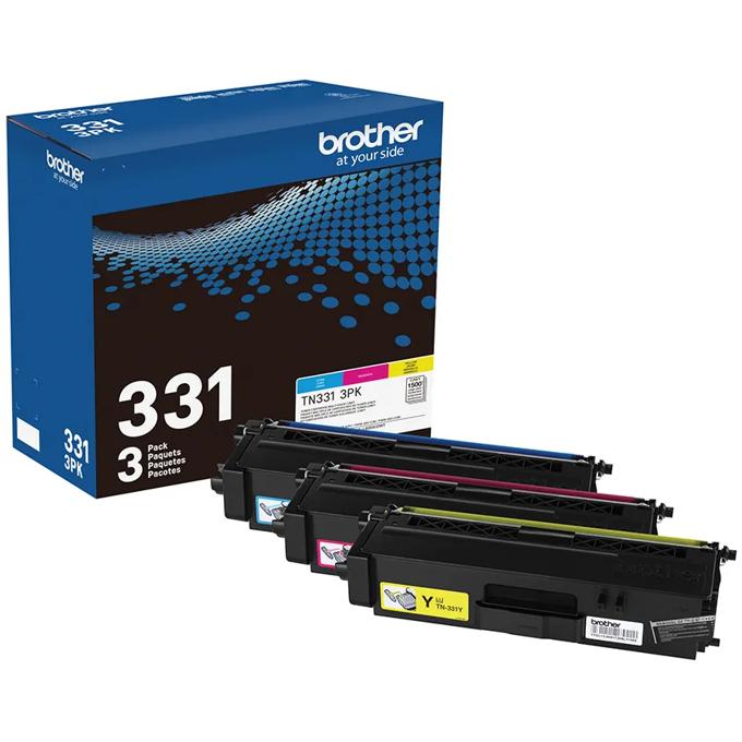 Brother TN331 3-pack color toner cartridges in cyan, magenta, and yellow with packaging
