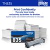 Brother TN835 genuine toner cartridge with box and stacks of printed pages