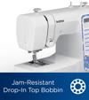 Brother sewing machine with jam-resistant drop-in top bobbin and digital display