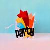 Colorful party decoration with red, orange, and yellow geometric shapes and streamers