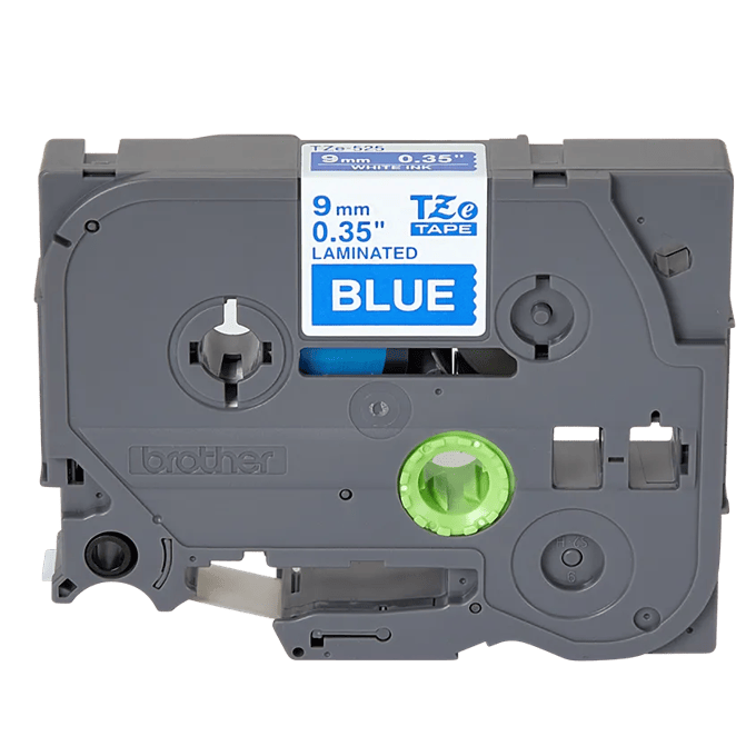 Brother TZe-525 9mm laminated label tape cartridge with white text on blue background