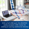 Brother BQ3100 sewing machine with colorful quilt and laptop in bright craft room