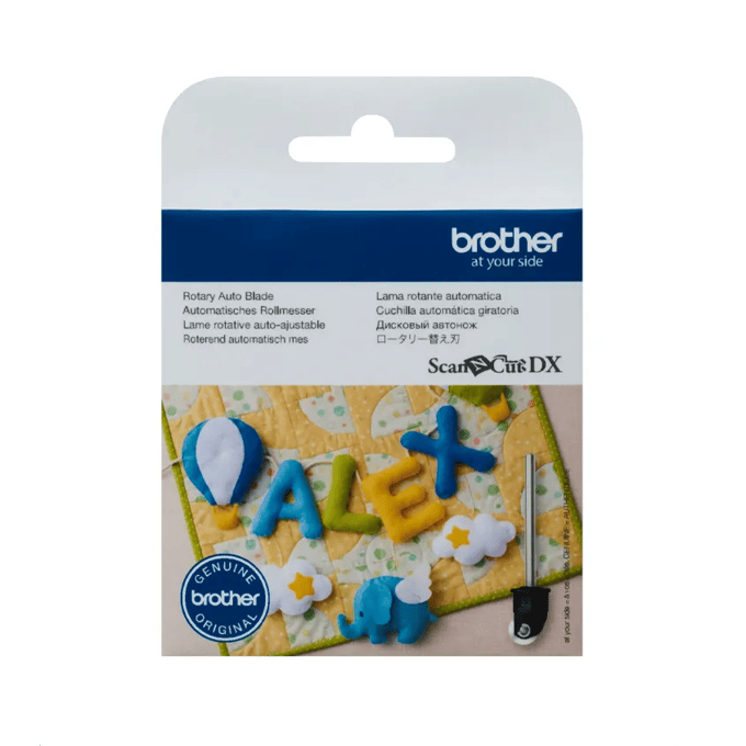 Brother ScanNCut DX rotary auto blade in retail packaging with fabric cutting sample